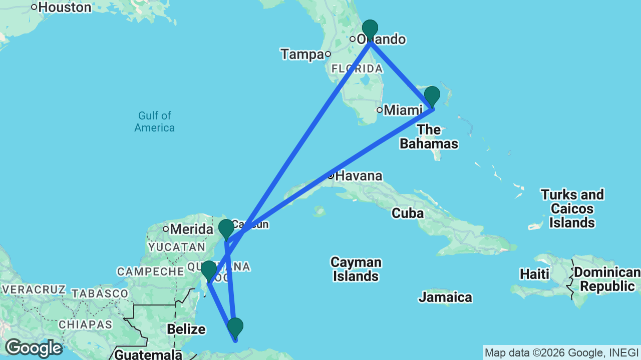 Route map: Port Canaveral -> Costa Maya -> Roatán -> Cozumel -> Great Stirrup Cay -> Port Canaveral