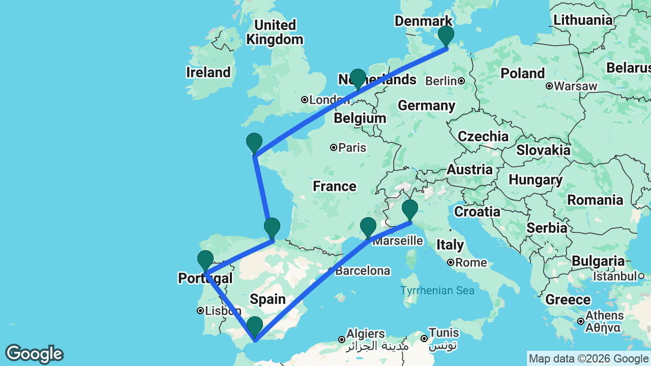 Route map: Berlin -> Rotterdam -> Brest -> Bilbao -> Porto -> Málaga -> Marseille -> Genoa