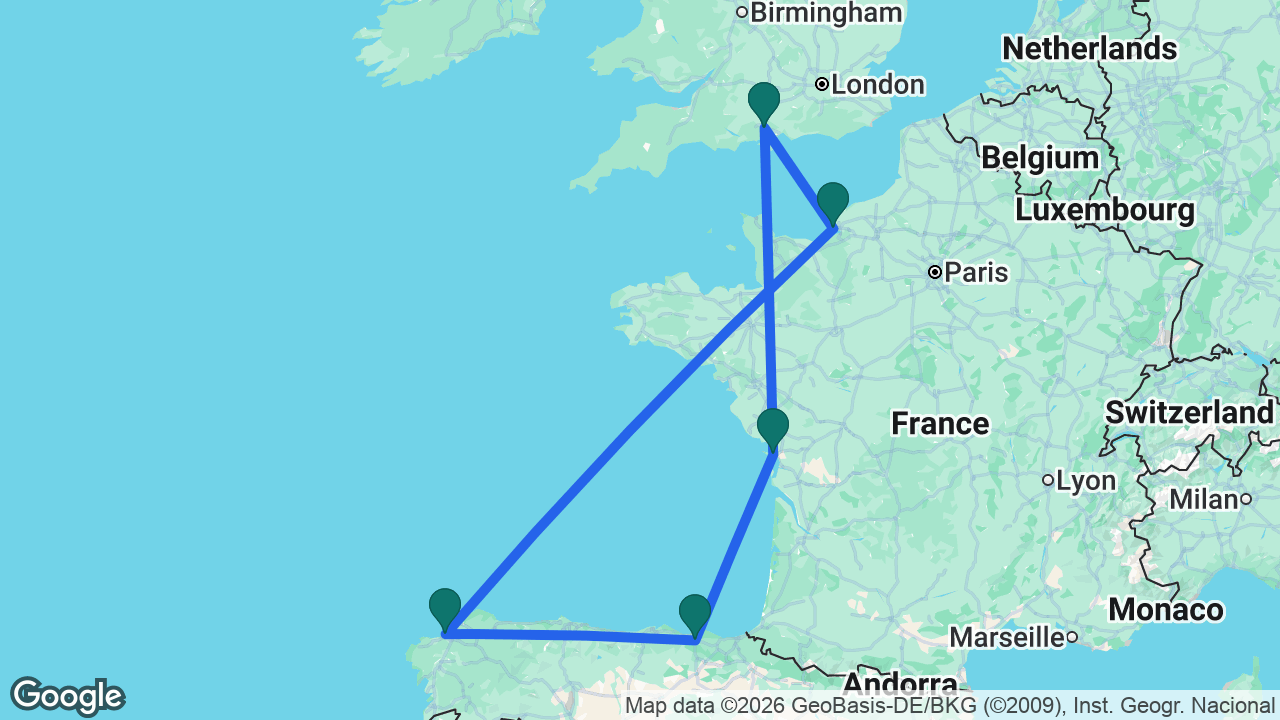Route map: Southampton -> La Rochelle -> Bilbao -> La Coruña -> Paris -> Southampton