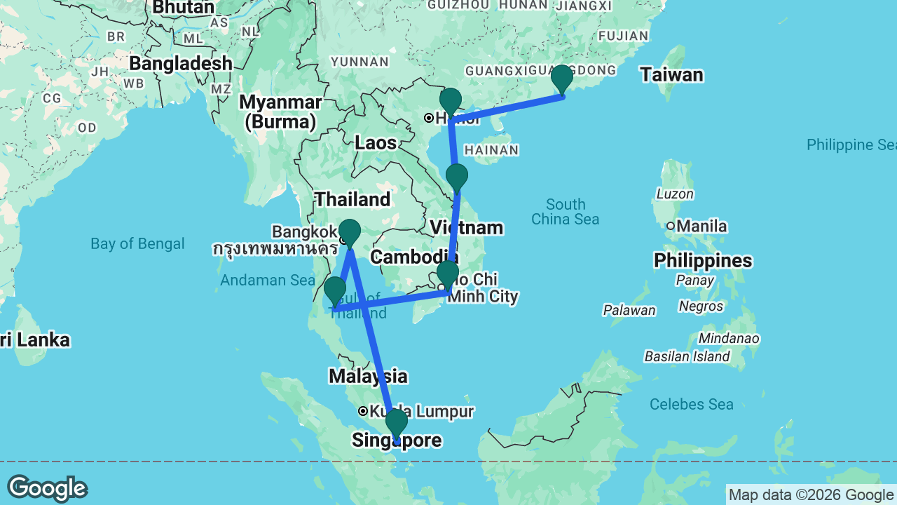 Route map: Singapore -> Bangkok -> Koh Samui -> Ho Chi Minh City -> Chan May -> Ha Long Bay -> Hong Kong