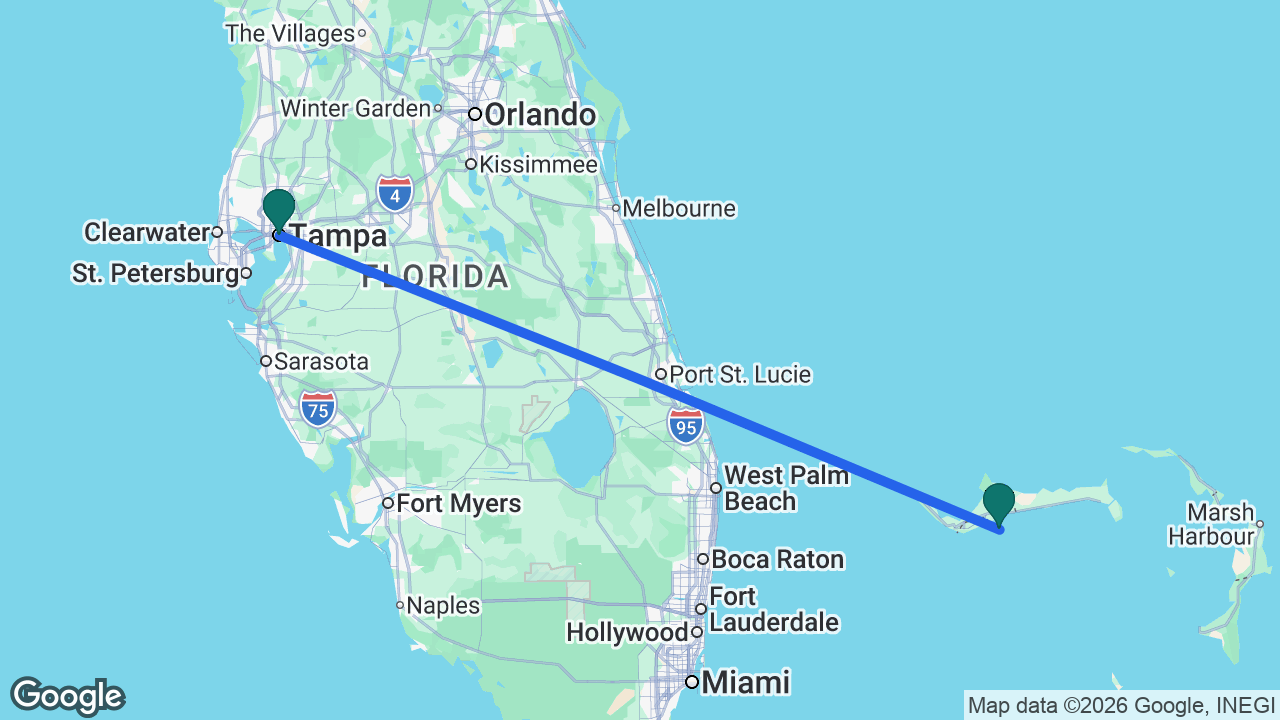 Route map: Tampa -> Celebration Key -> Tampa