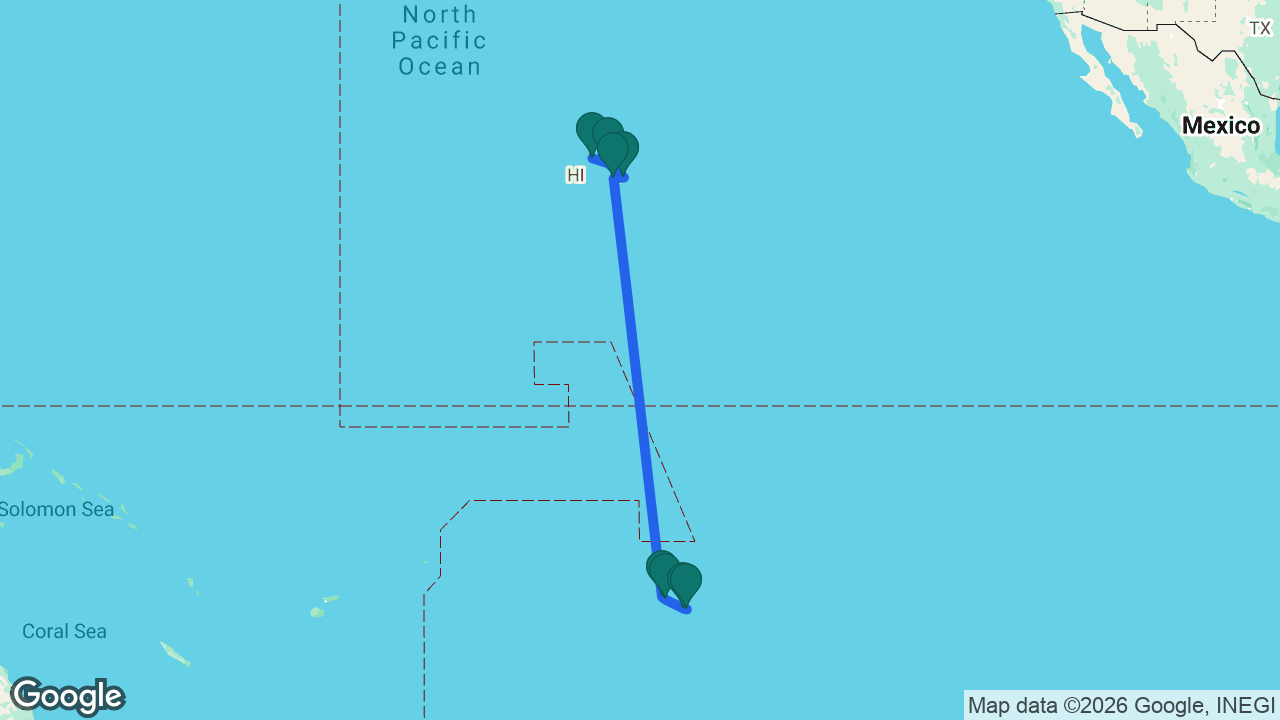 Route map: Honolulu -> Maui -> Hilo -> Kona -> Bora Bora -> Raiatea -> Moorea -> Tahiti