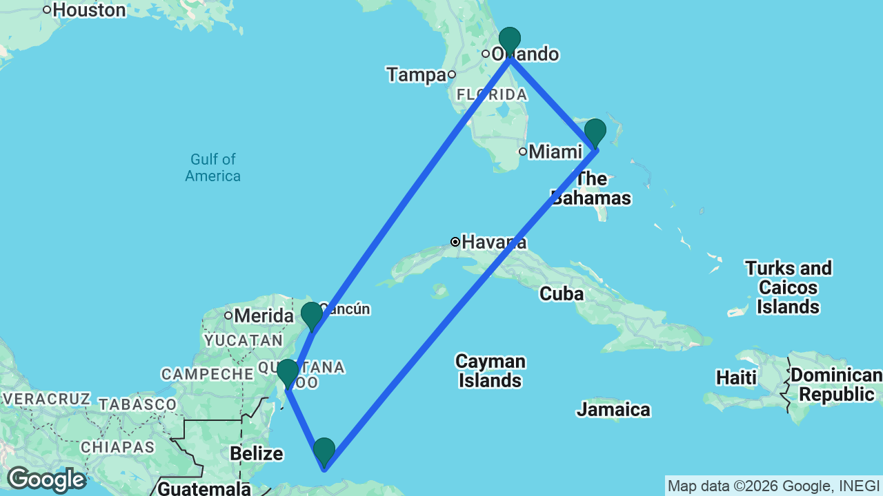 Route map: Port Canaveral -> Great Stirrup Cay -> Roatán -> Costa Maya -> Cozumel -> Port Canaveral