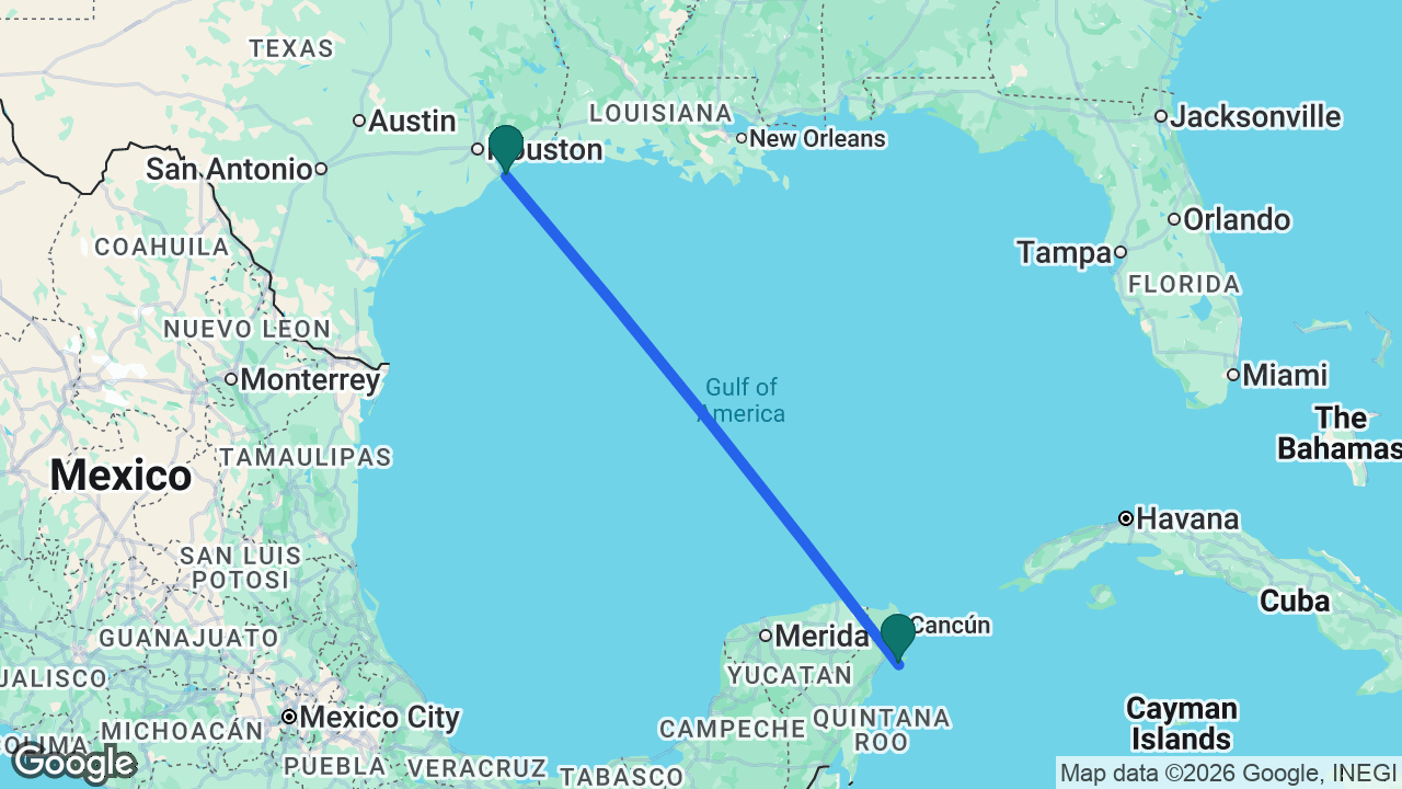 Route map: Galveston -> Cozumel -> Galveston