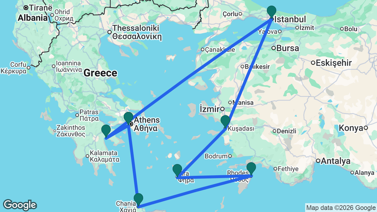 Route map: Athens -> Nafplio -> Istanbul -> Ephesus -> Santorini -> Rhodes -> Chania -> Athens