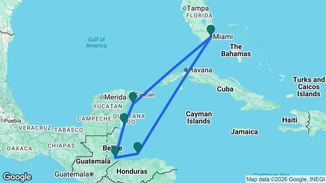 Route map: Miami -> Roatán -> Harvest Caye -> Costa Maya -> Cozumel -> Miami