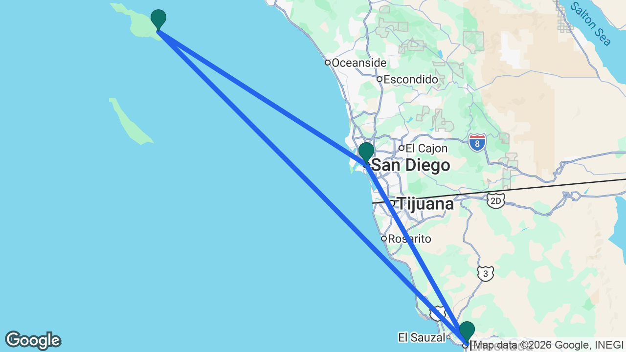 Route map: San Diego -> Catalina -> Ensenada -> San Diego