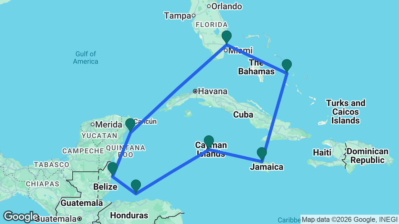 Route map: Fort Lauderdale -> Half Moon Cay -> Falmouth -> Grand Cayman -> Roatán -> Belize City -> Cozumel -> Fort Lauderdale