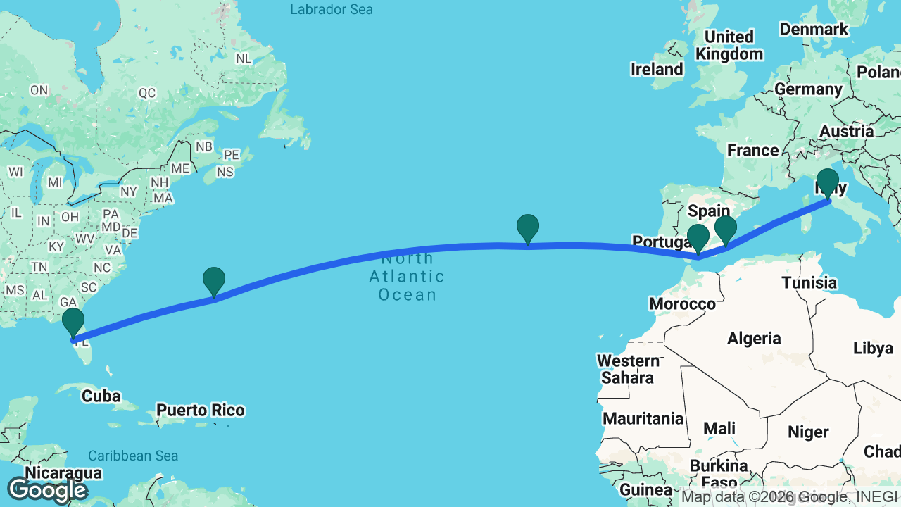 Route map: Tampa -> Bermuda -> Azores -> Málaga -> Cartagena -> Rome