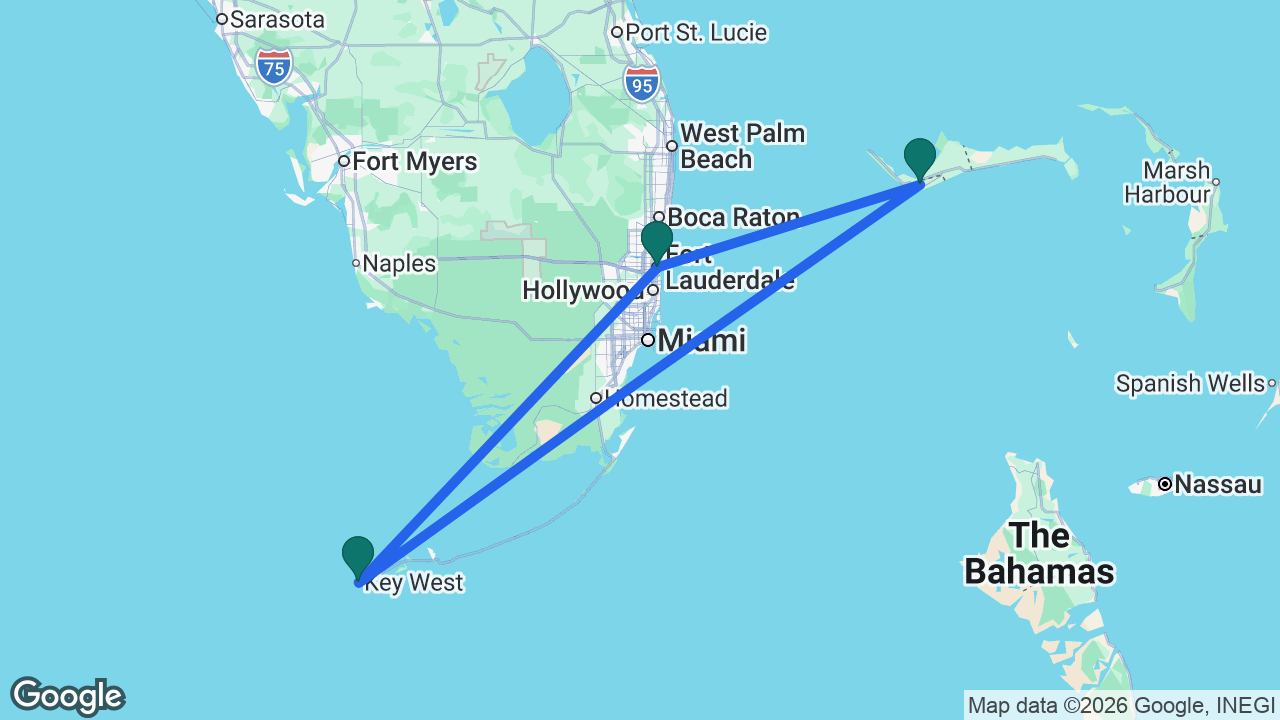 Route map: Fort Lauderdale -> Key West -> Freeport -> Fort Lauderdale