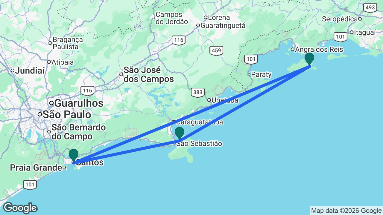 Route map: Santos -> Ilha Grande -> Ilhabela -> Santos