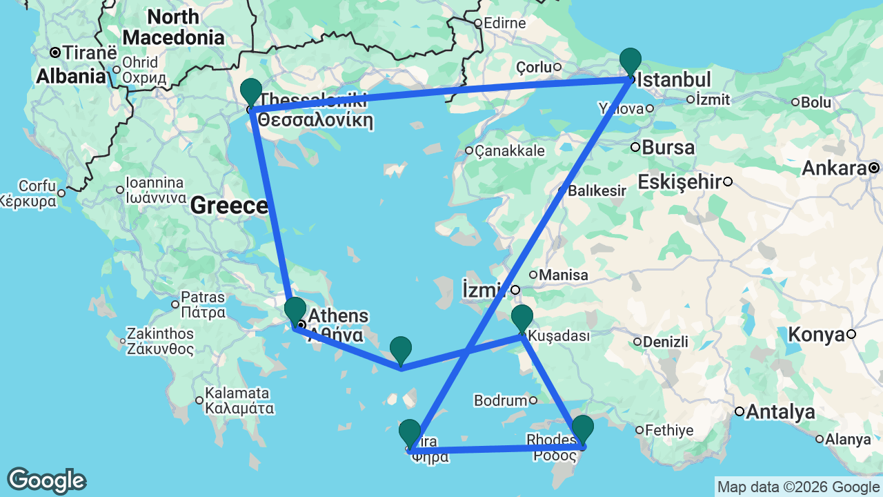 Route map: Athens -> Thessaloniki -> Istanbul -> Santorini -> Rhodes -> Ephesus -> Mykonos -> Athens