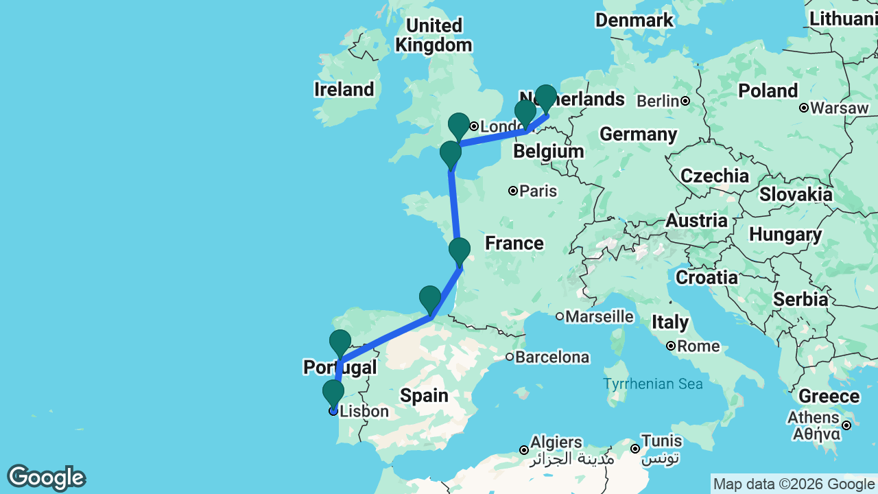 Route map: Rotterdam -> Bruges -> Portsmouth -> Cherbourg -> Bordeaux -> Bilbao -> Porto -> Lisbon
