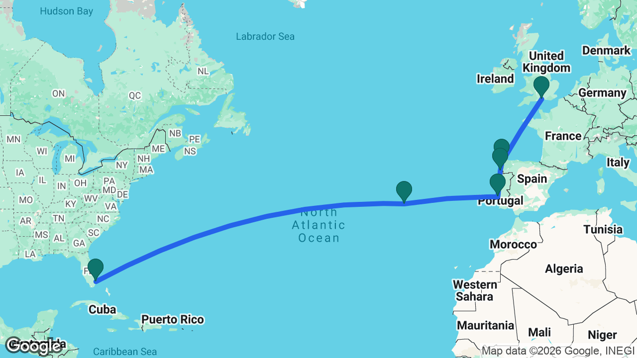 Route map: Fort Lauderdale -> Azores -> Lisbon -> Vigo -> La Coruña -> Southampton