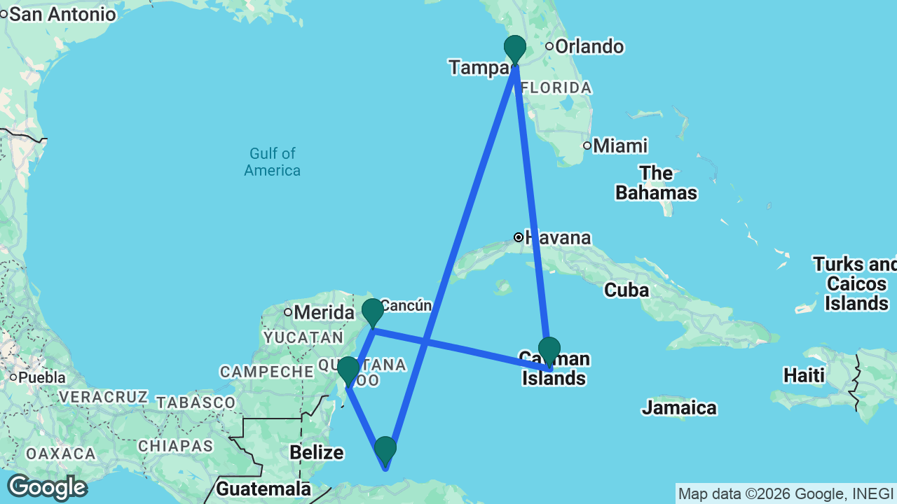 Route map: Tampa -> Roatán -> Costa Maya -> Cozumel -> Grand Cayman -> Tampa