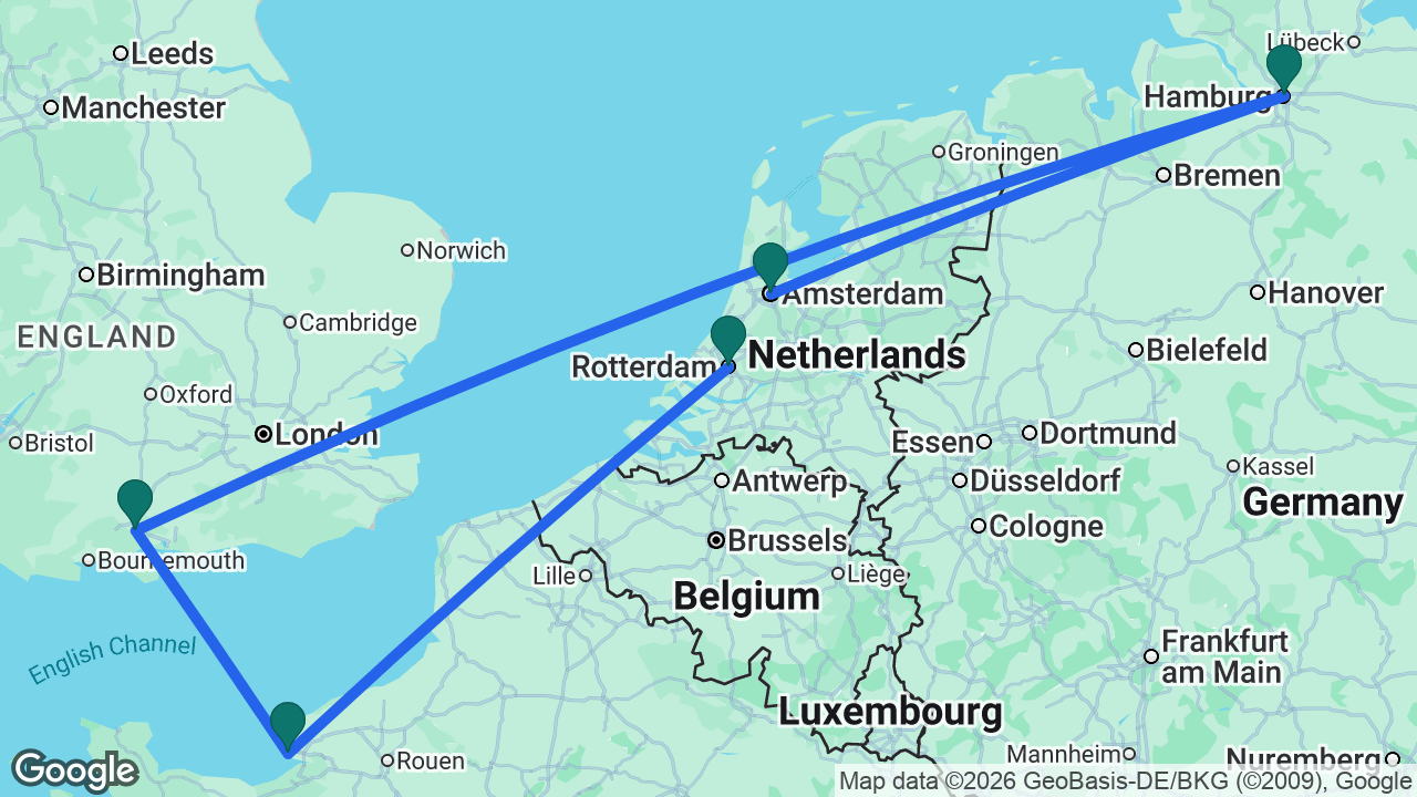 Route map: Rotterdam -> Paris -> Southampton -> Hamburg -> Amsterdam