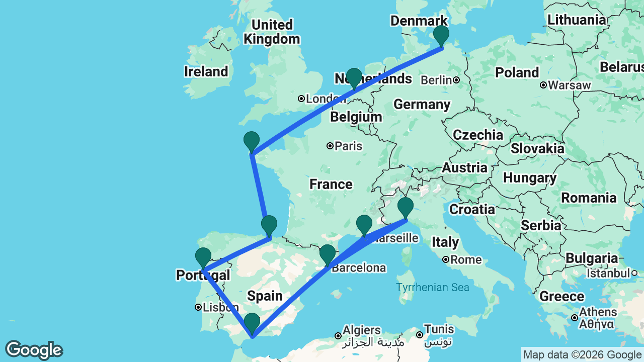 Route map: Berlin -> Rotterdam -> Brest -> Bilbao -> Porto -> Málaga -> Marseille -> Genoa -> Barcelona