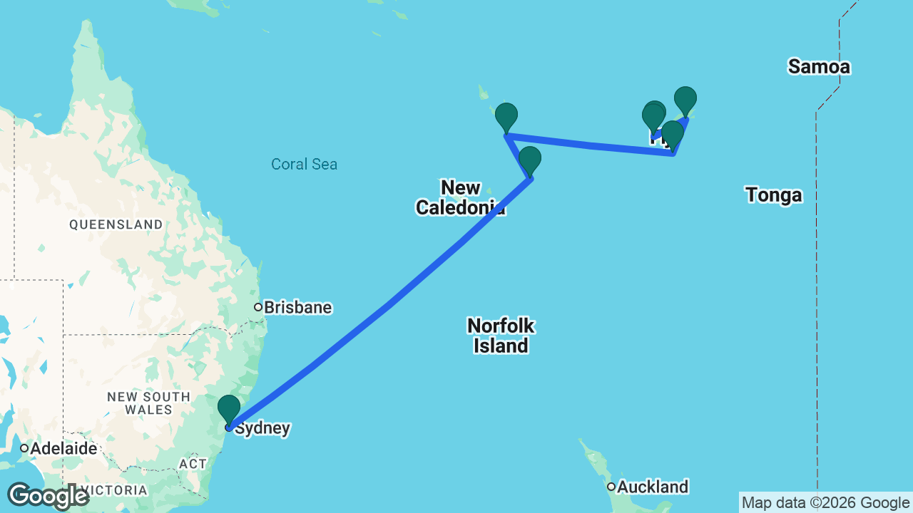 Route map: Lautoka -> Denarau -> Savusavu -> Dravuni Island -> Port Vila -> Mystery Island -> Sydney