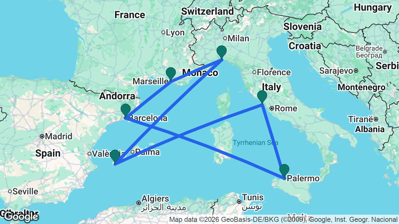 Route map: Genoa -> Ibiza -> Rome -> Palermo -> Barcelona -> Marseille -> Genoa