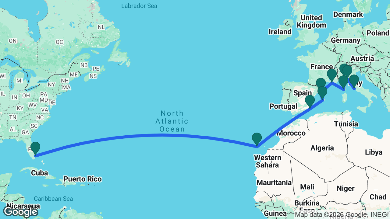 Route map: Fort Lauderdale -> Tenerife -> Cartagena -> Mallorca -> Barcelona -> Marseille -> Ajaccio -> Genoa -> La Spezia -> Rome