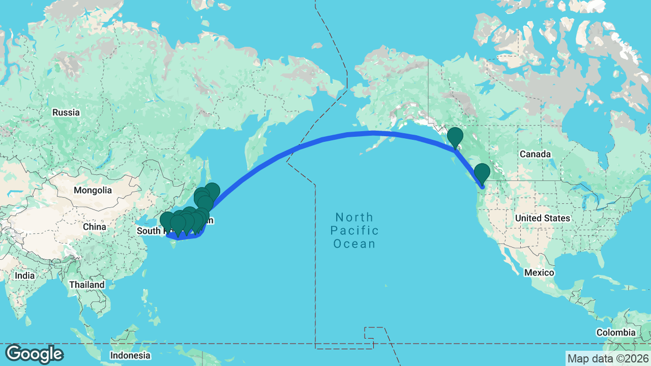Route map: Seattle -> Ketchikan -> Kushiro -> Aomori -> Tokyo -> Mount Fuji -> Osaka -> Hiroshima -> Busan -> Sakaiminato -> Maizuru -> Kanazawa -> Hakodate -> Miyako -> Hitachinaka -> Tokyo