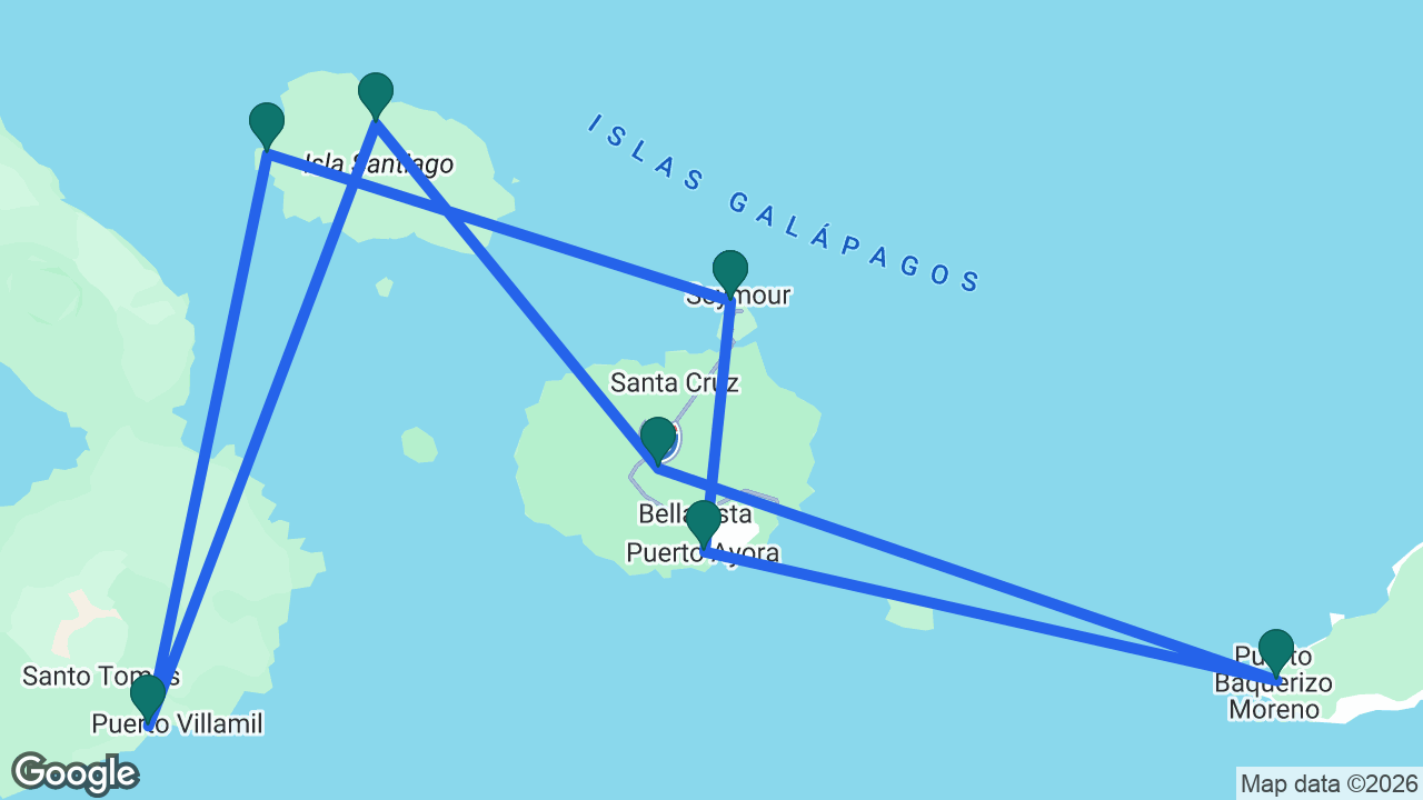 Route map: Baltra -> Puerto Egas -> Elizabeth Bay -> Sullivan Bay -> Las Bachas -> Puerto Baquerizo Moreno -> Puerto Ayora -> Baltra