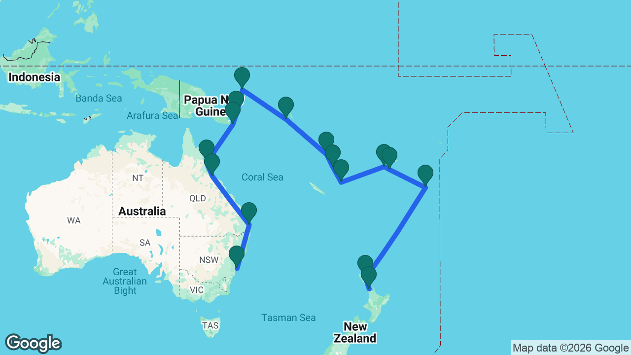 Route map: Sydney -> Tangalooma -> Townsville -> Cairns -> Alotau -> Kiriwina Island -> Rabaul -> Honiara -> Santo -> Port Vila -> Mystery Island -> Lautoka -> Fiji -> Nuku'alofa -> Bay of Islands -> Auckland