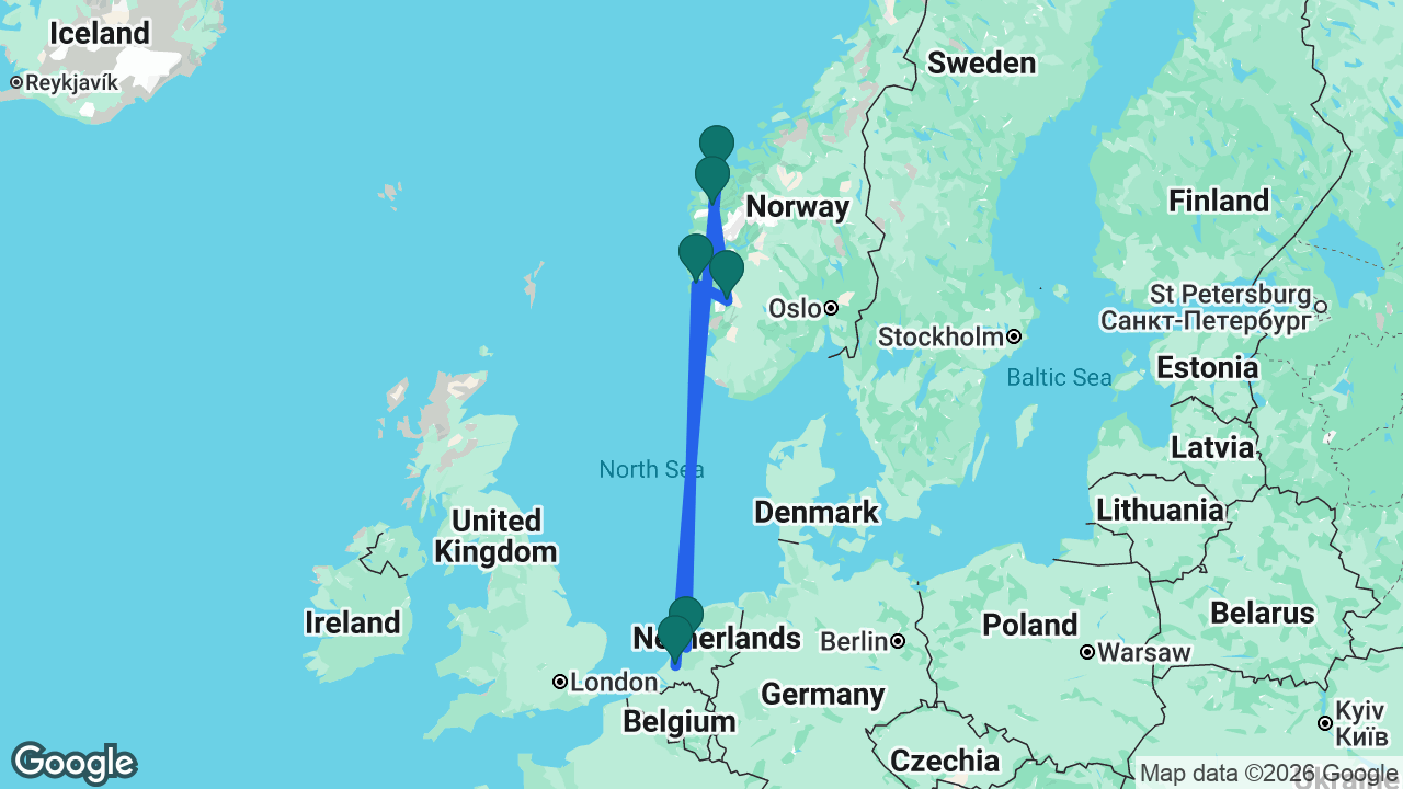 Route map: Rotterdam -> Ålesund -> Nordfjordeid -> Odda -> Bergen -> Amsterdam