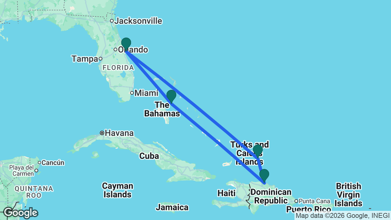Route map: Port Canaveral -> Nassau -> Puerto Plata -> Grand Turk -> Port Canaveral