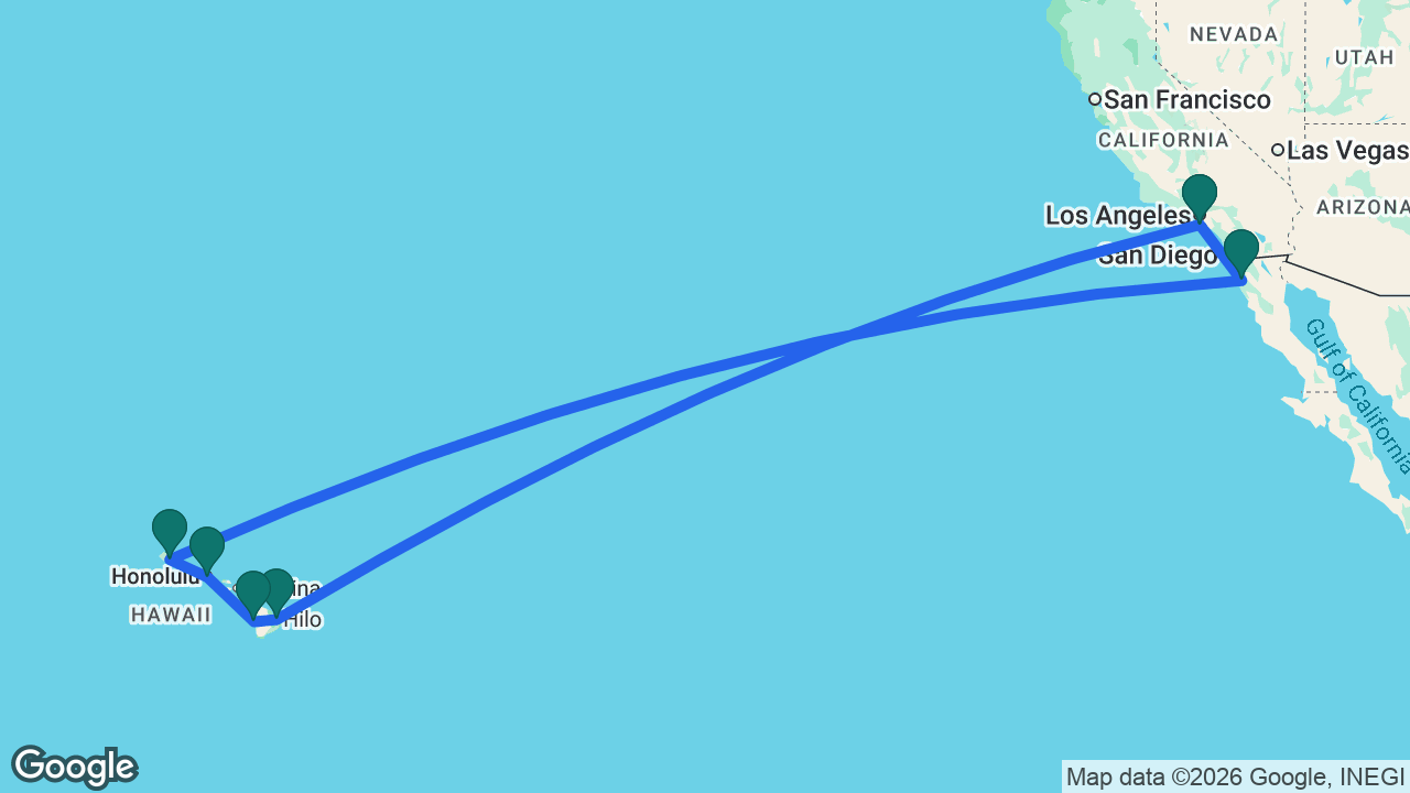 Route map: Los Angeles -> Hilo -> Kona -> Honolulu -> Kauai -> Ensenada -> Los Angeles