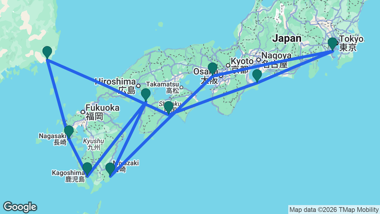 Route map: Tokyo -> Toba -> Kochi -> Busan -> Nagasaki -> Kagoshima -> Matsuyama -> Aburatsu -> Kobe -> Tokyo