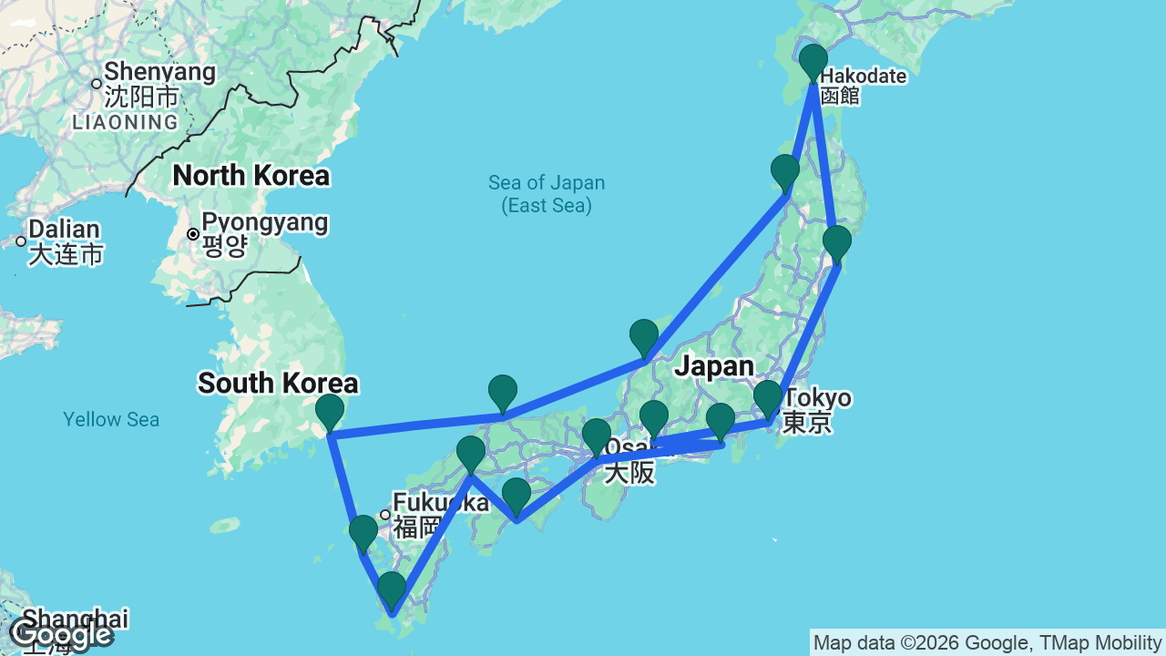 Route map: Tokyo -> Nagoya -> Mount Fuji -> Osaka -> Kochi -> Hiroshima -> Kagoshima -> Nagasaki -> Busan -> Sakaiminato -> Kanazawa -> Akita -> Hakodate -> Ishinomaki -> Tokyo