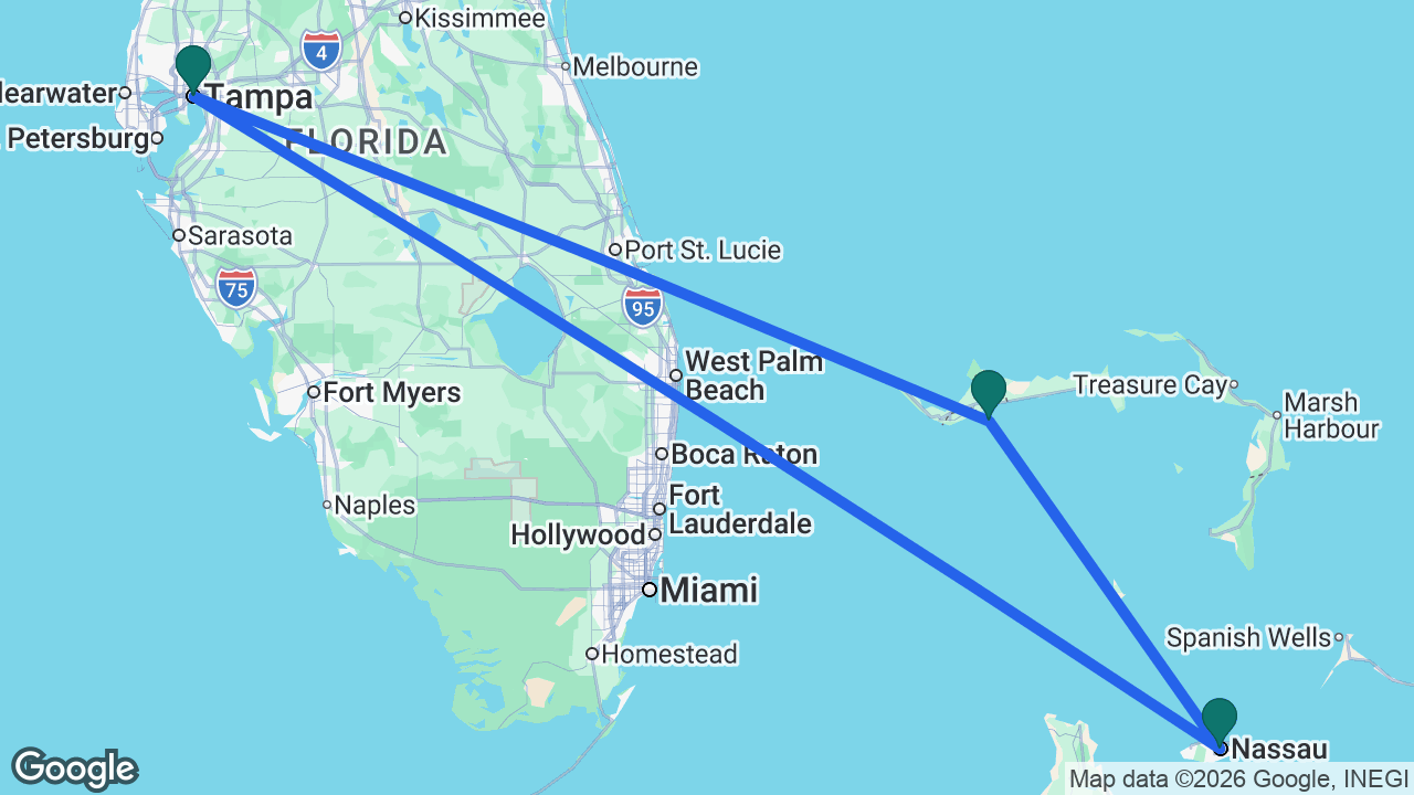 Route map: Tampa -> Celebration Key -> Nassau -> Tampa