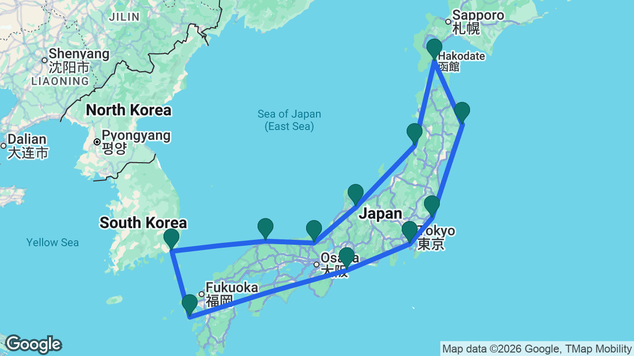 Route map: Tokyo -> Toba -> Nagasaki -> Busan -> Sakaiminato -> Maizuru -> Toyama -> Sakata -> Hakodate -> Miyako -> Hitachinaka -> Tokyo