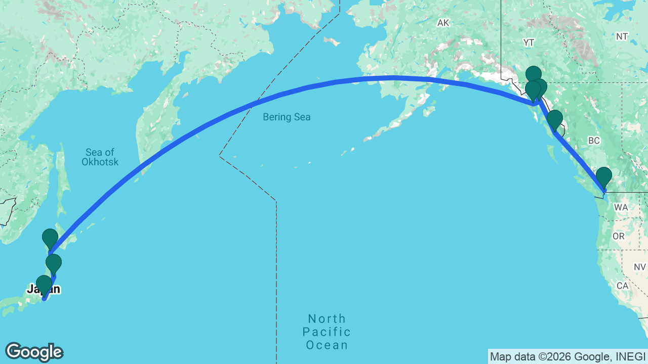 Route map: Tokyo -> Ishinomaki -> Hakodate -> Icy Strait Point -> Juneau -> Skagway -> Ketchikan -> Vancouver
