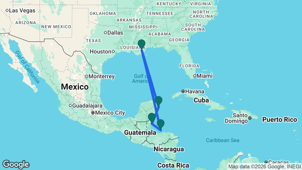Route map: New Orleans -> Roatán -> Belize City -> Cozumel -> New Orleans
