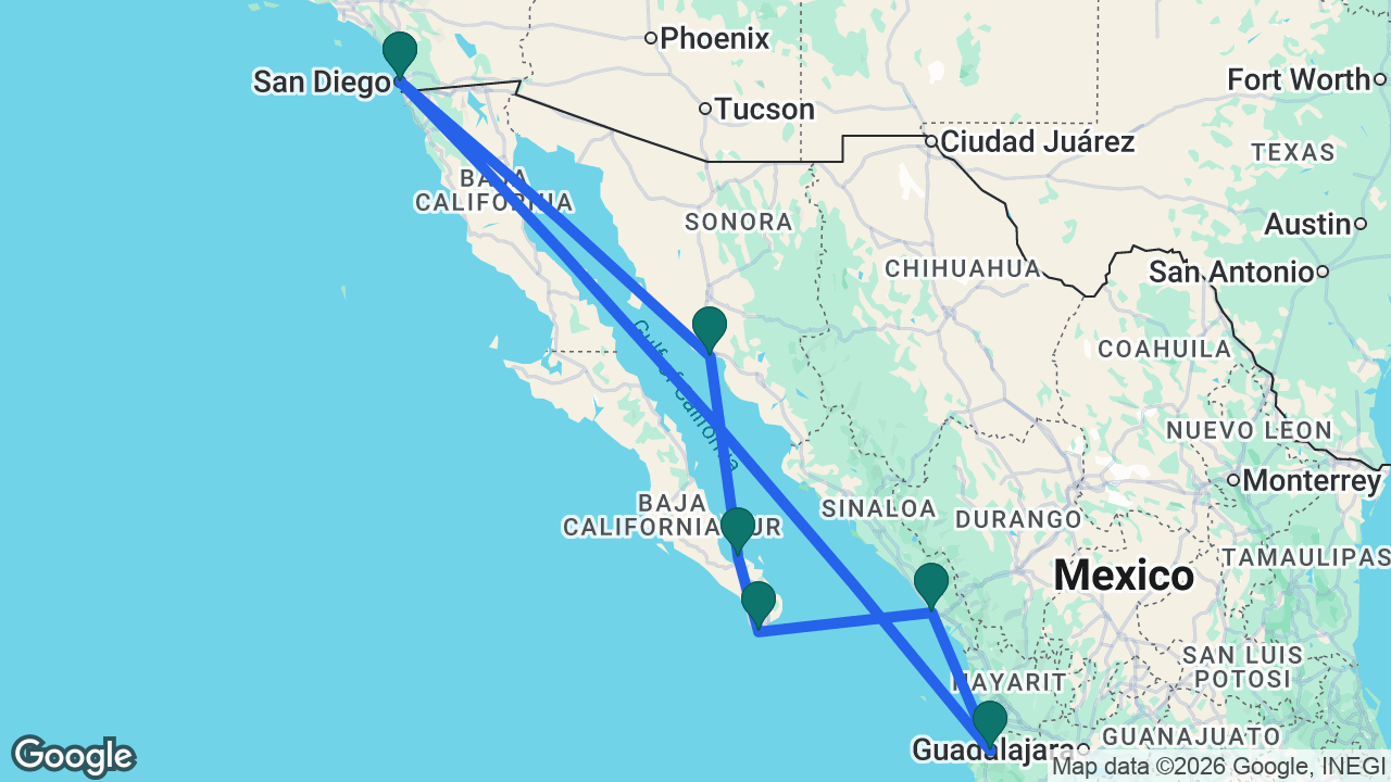 Route map: San Diego -> Puerto Vallarta -> Mazatlán -> Cabo -> La Paz -> Guaymas -> San Diego