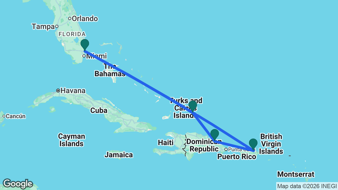 Route map: Fort Lauderdale -> San Juan -> Samaná -> Grand Turk -> Fort Lauderdale