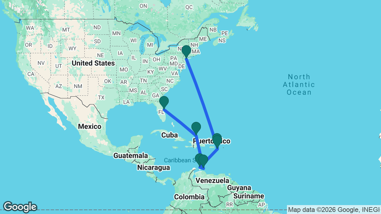 Route map: New York -> St. Thomas -> St. Croix -> Aruba -> Curaçao -> Grand Turk -> Port Canaveral
