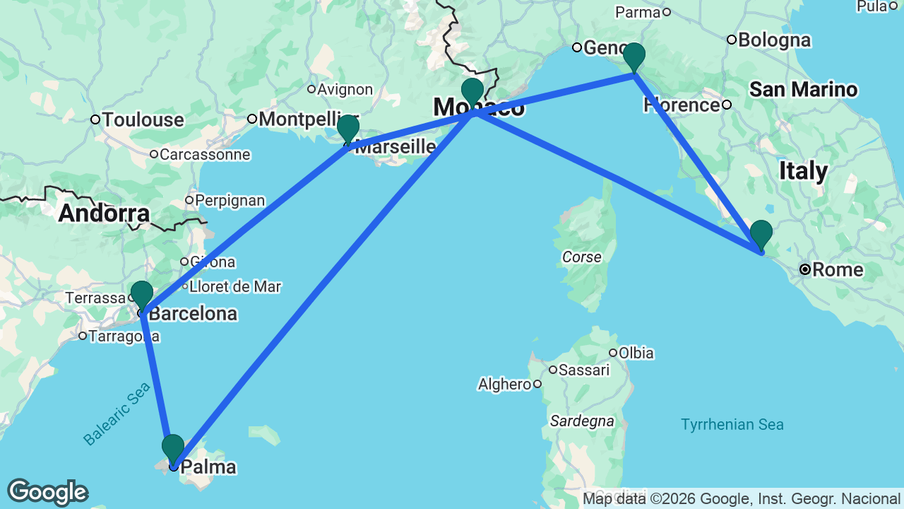 Route map: Barcelona -> Marseille -> La Spezia -> Rome -> Villefranche -> Mallorca -> Barcelona