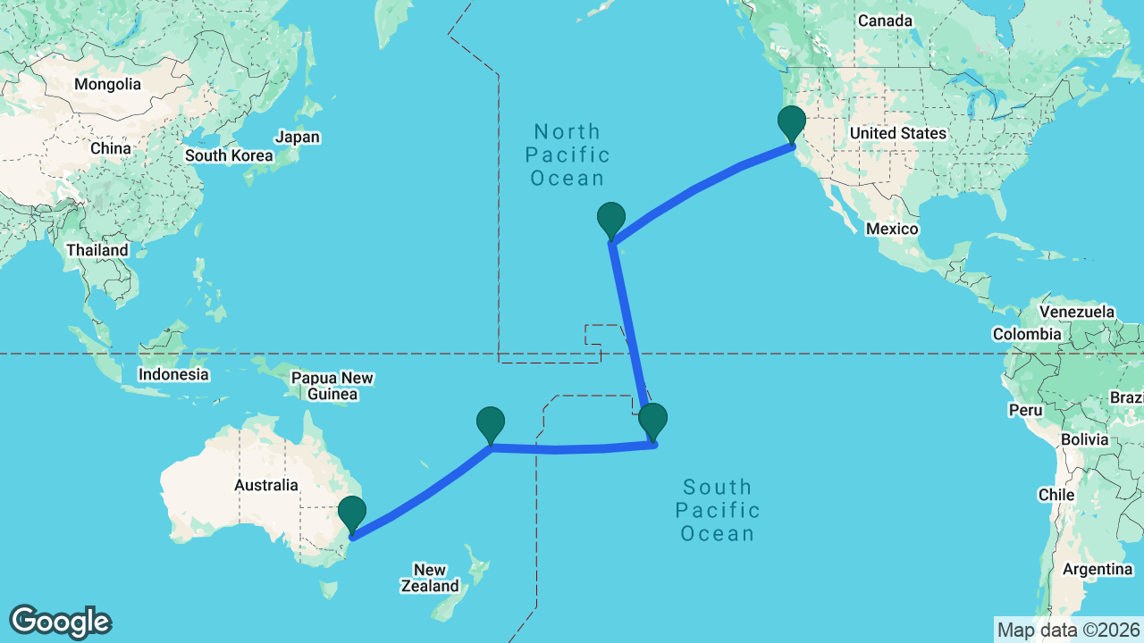 Route map: Sydney -> Fiji -> Tahiti -> Moorea -> Honolulu -> San Francisco