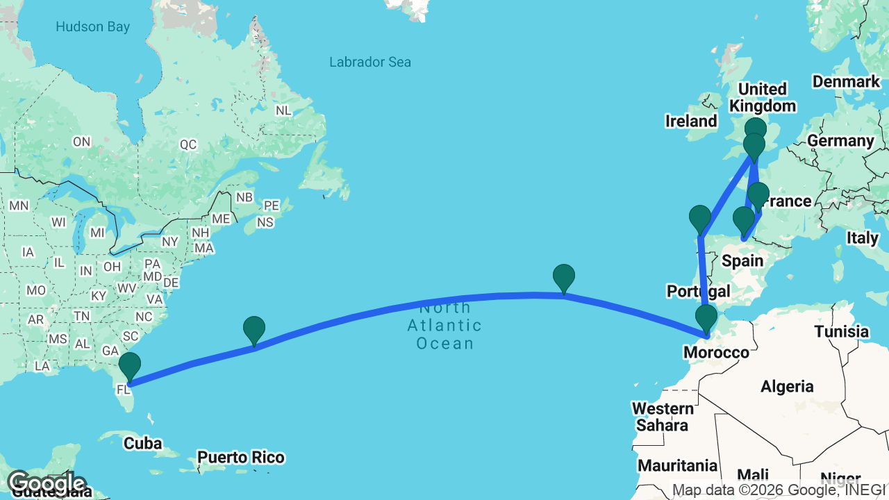 Route map: Port Canaveral -> Bermuda -> Azores -> Casablanca -> La Coruña -> Southampton -> Bilbao -> Bordeaux -> Cherbourg -> Southampton
