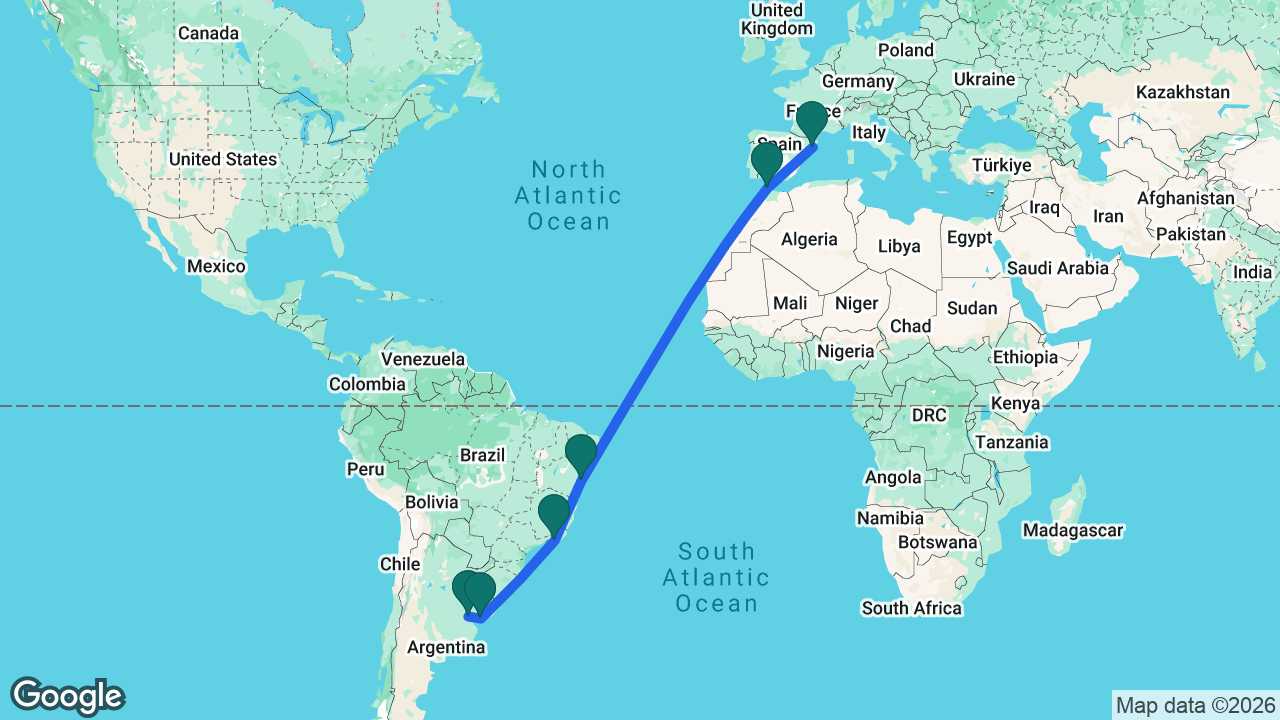 Route map: Barcelona -> Tangier -> Salvador -> Rio -> Montevideo -> Buenos Aires