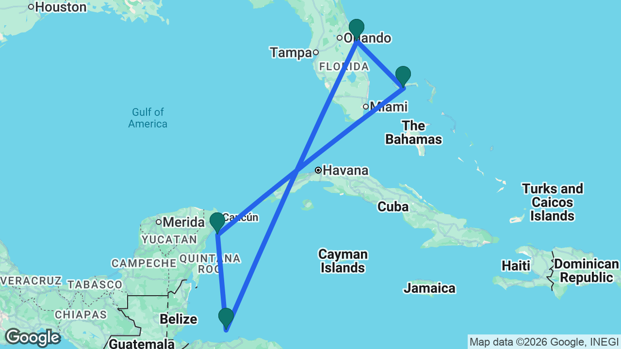 Route map: Port Canaveral -> Celebration Key -> Cozumel -> Roatán -> Port Canaveral