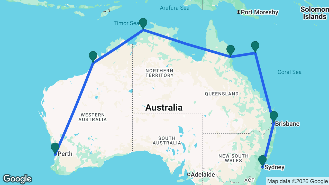 Route map: Perth -> Broome -> Darwin -> Cairns -> Willis Island -> Brisbane -> Sydney