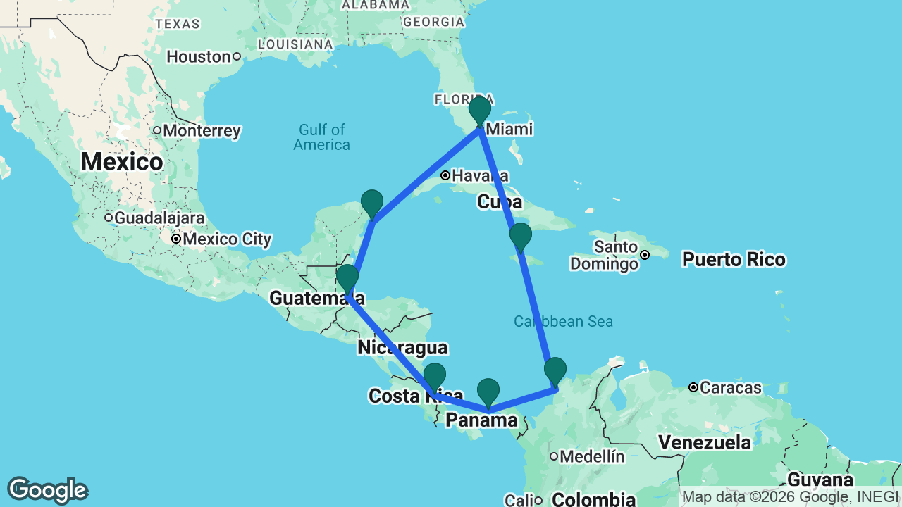 Route map: Miami -> Falmouth -> Cartagena -> Panama Canal -> Limón -> Harvest Caye -> Cozumel -> Miami