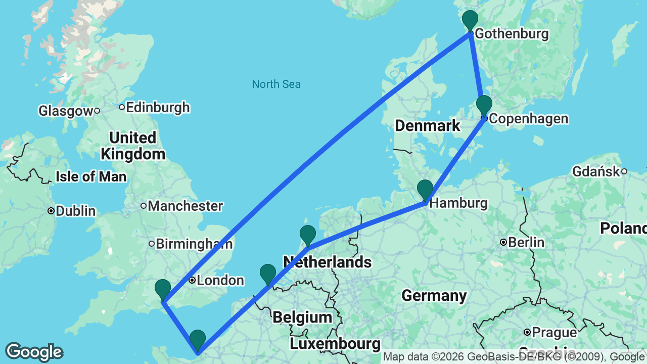Route map: Southampton -> Gothenburg -> Copenhagen -> Hamburg -> Amsterdam -> Bruges -> Paris -> Southampton