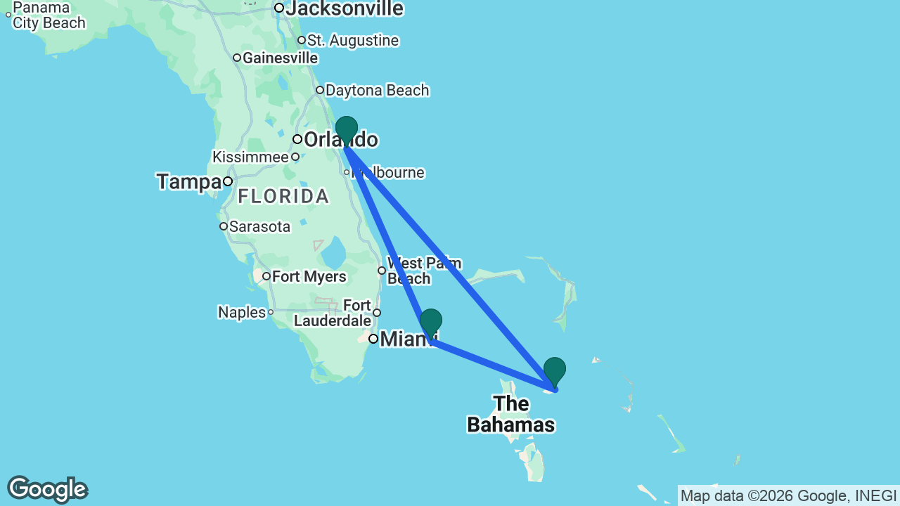 Route map: Port Canaveral -> Bimini -> Nassau -> Port Canaveral