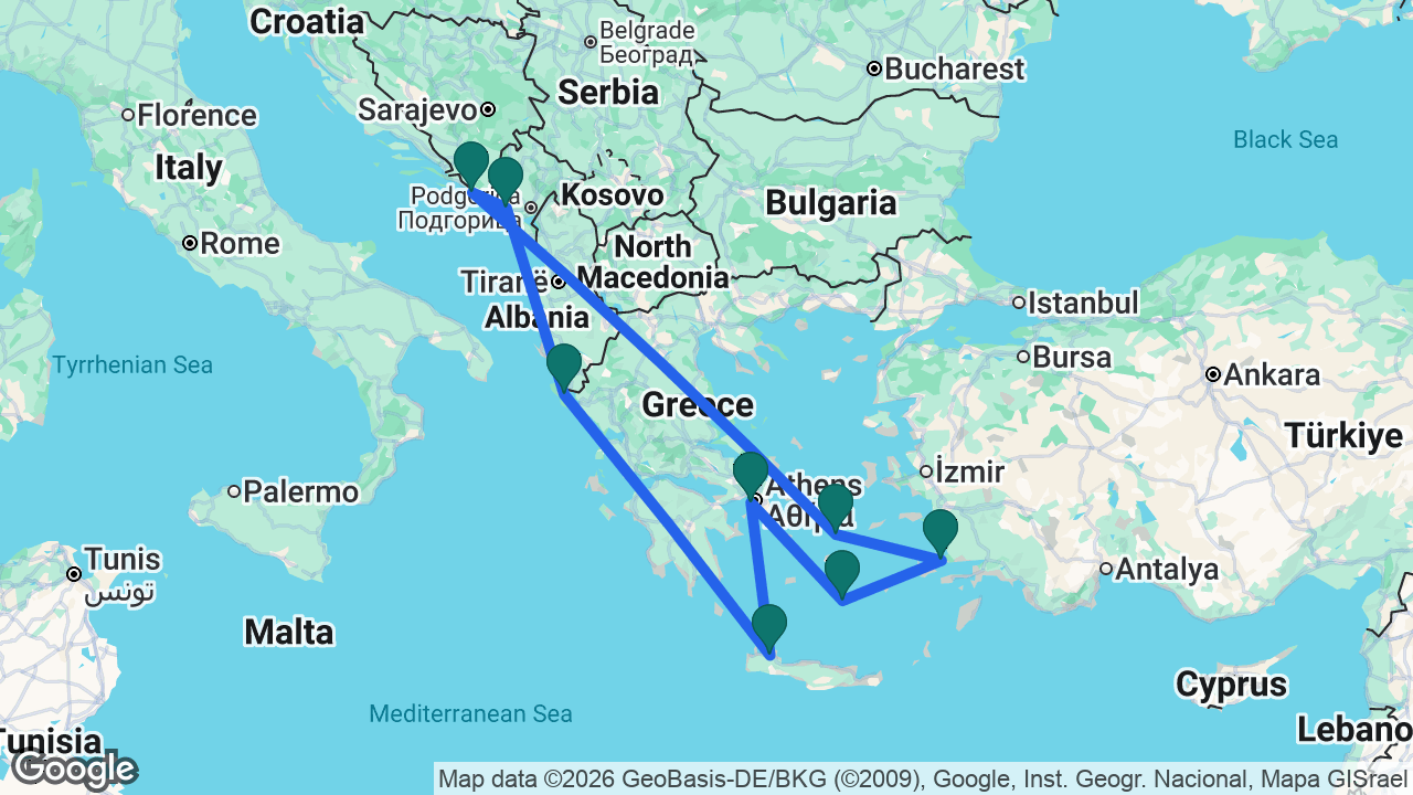 Route map: Athens -> Santorini -> Bodrum -> Mykonos -> Dubrovnik -> Kotor -> Corfu -> Chania -> Athens