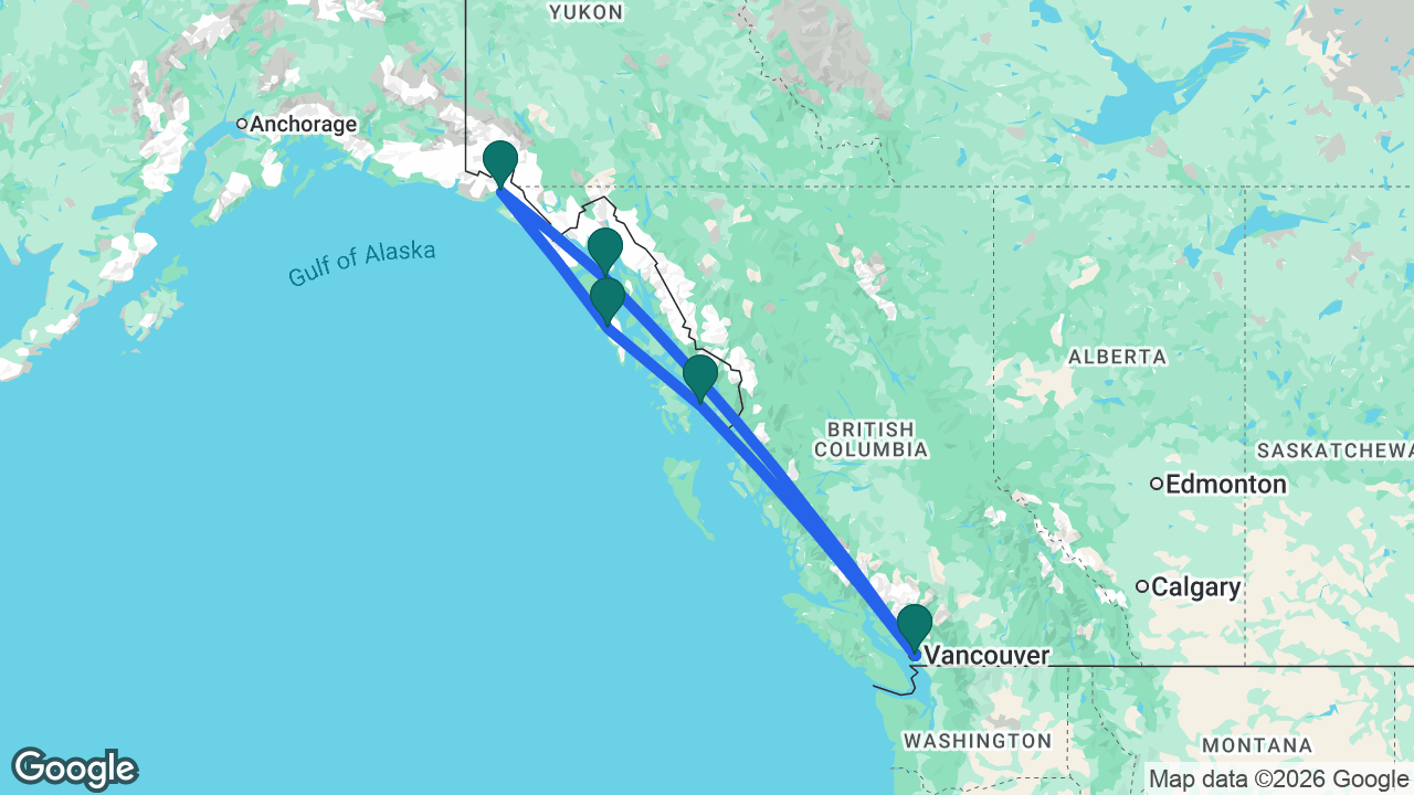 Route map: Vancouver -> Icy Strait Point -> Hubbard Glacier -> Sitka -> Ketchikan -> Vancouver